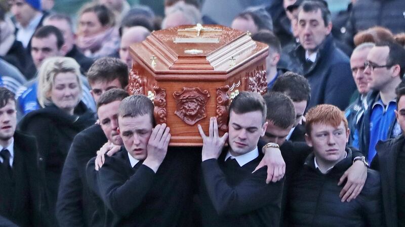 Mourners carry the coffin of Daniel Scott at Christ the King Church in Gortahork. His funeral was told: “Life is busy, we are all in a rush and in a hurry, we all have deadlines. But deadlines sometimes can result in dead lives.”  Photograph: Niall Carson/PA Wire