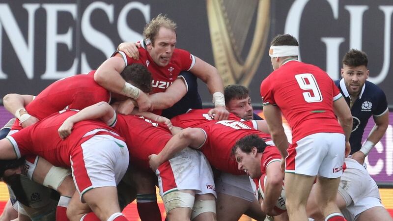 Alun Wyn Jones of Wales controls the maul during the Six Nations match against Scotland. Photograph: Geoff Caddick/EPA