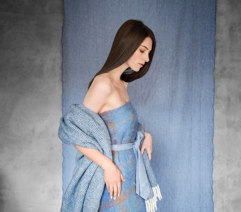 270319D 4639 Handwoven wool herringbone blanket (on shoulders) €350 with mohair blanket worn as dress from a selection from €95 and handmade Irish linen tie in a selection of colours and weaves from €125.