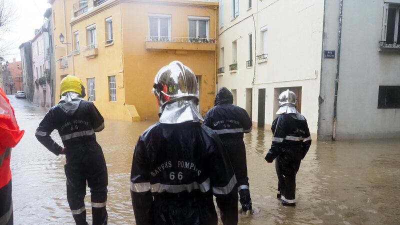 Firefighters secure flooded streets brought on by Storm Gloria in Saint-Paul-de-Fenouillet, France on January 22nd. Photograph: Raymond Roig/AFP via Getty
