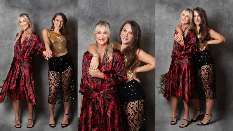 Helen Steele (left) wears earrings, Betty and Biddy, €18; dress, €995, helensteele.com; and shoes, Kurt Geiger, Arnotts, €165. Halle Steele (right) wears gold hoop earrings, Betty and Biddy, €18; gold crop top, Loot Vintage, price available on request; sequin skirt, Baum und Pferdgarten, Arnotts, €170; and shoes, Mantra €99. Photograph: by Emily Quinn