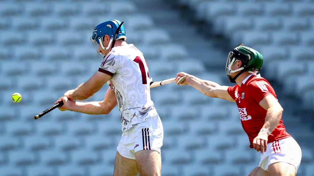 Galway’s Conor Cooney scores his side’s second goal of the game during the win over Cork. Photo: Ryan Byrne/Inpho