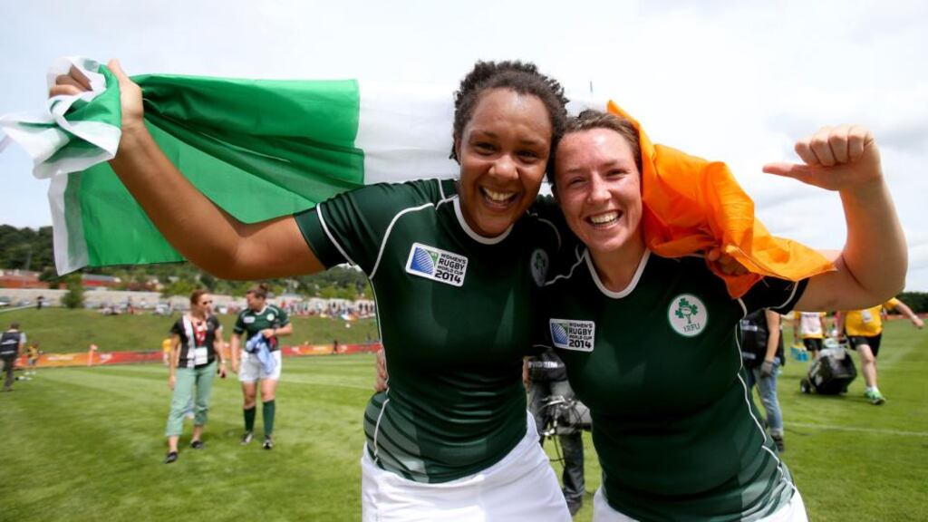 Ireland’s Sophie Spence and Gillian Bourke celebrate the win over Kazakhstan. Photograph: Dan Sheridan/Inpho