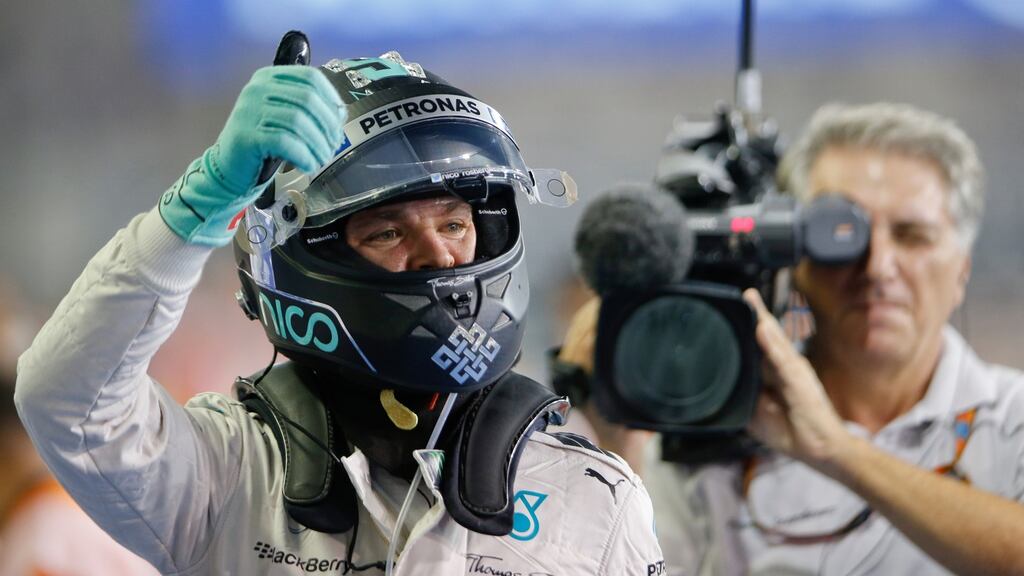Mercedes driver Nico Rosberg of Germany after setting the pole position in he qualifying session at the Yas Marina racetrack in Abu Dhabi. Photograph: Luca Bruno/AP