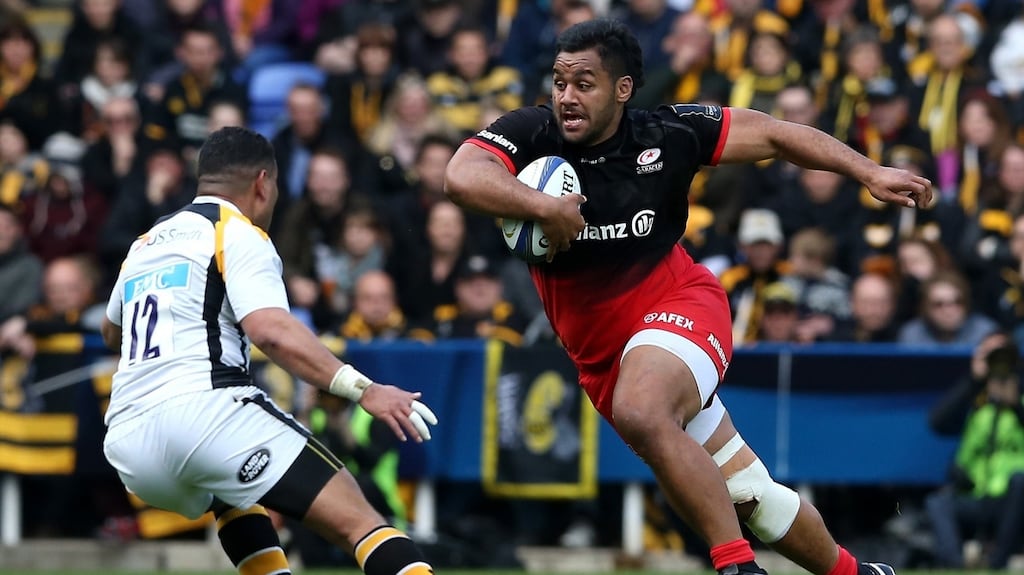 Billy Vunipola of Saracens charges upfield during their defeat of Wasps 24-17 in the Champions Cup semi-final. Photograph: David Rogers/Getty Images