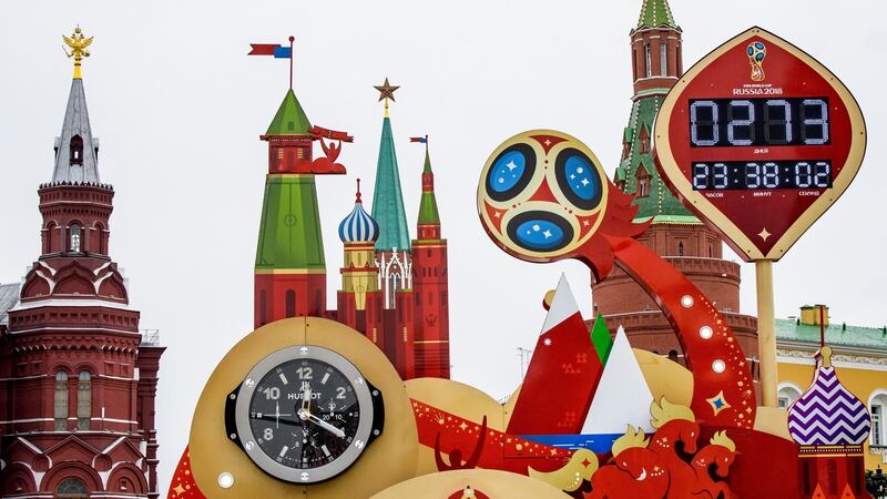 The digital Fifa World Cup 2018 countdown clock in Red Square and the Kremlin in Moscow. Photograph: Mladen Antonov/Getty.