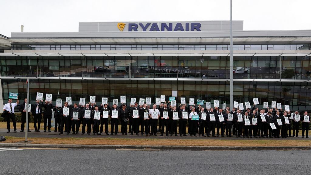 Pilots on the picket line outside Ryanair HQ in Swords on Friday morning for the second day of strike action. Photograph: Colin Keegan/Collins