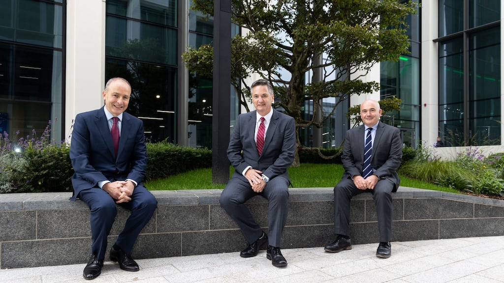 Founders of Aspira Pat Lucey and Colum Horgan with Taoiseach Micheál Martin at the announcement. Photograph: Darragh Kane