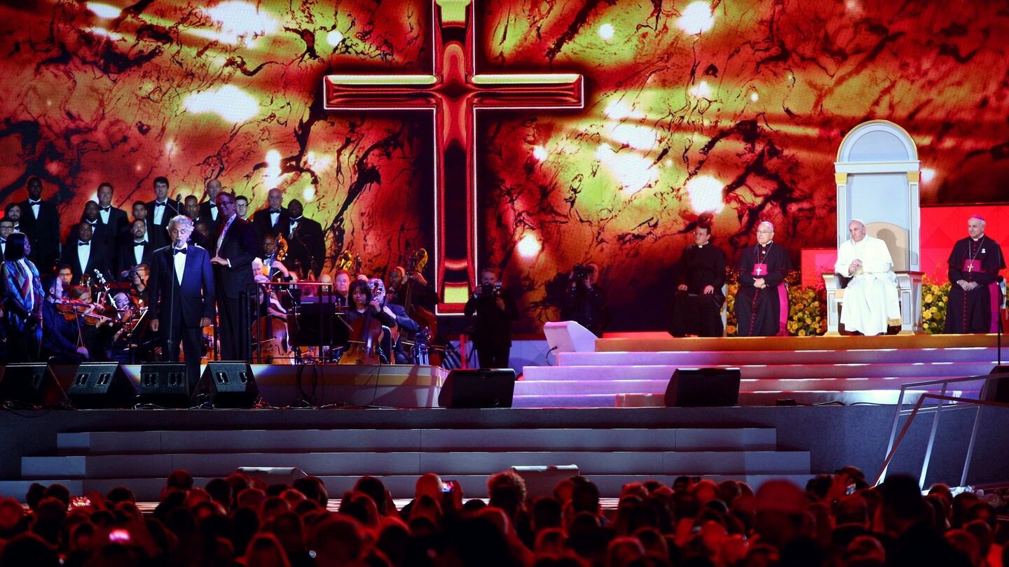 Pope Francis (second right, back) listens as Italian classical tenor Andrea Bocelli (left) performs on stage during the Festival of Families in Philadelphia. Photograph: EPA