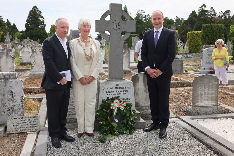 Seán Haughey, cathaoirleach of Dún Laoghaire-Rathdown County Council, Cllr Mary Hanafin and Taoiseach Micheál Martin at a commemoration event for former taoiseach Seán Lemass at Deansgrange Cemetery in July. Photograph: Dara Mac Dónaill