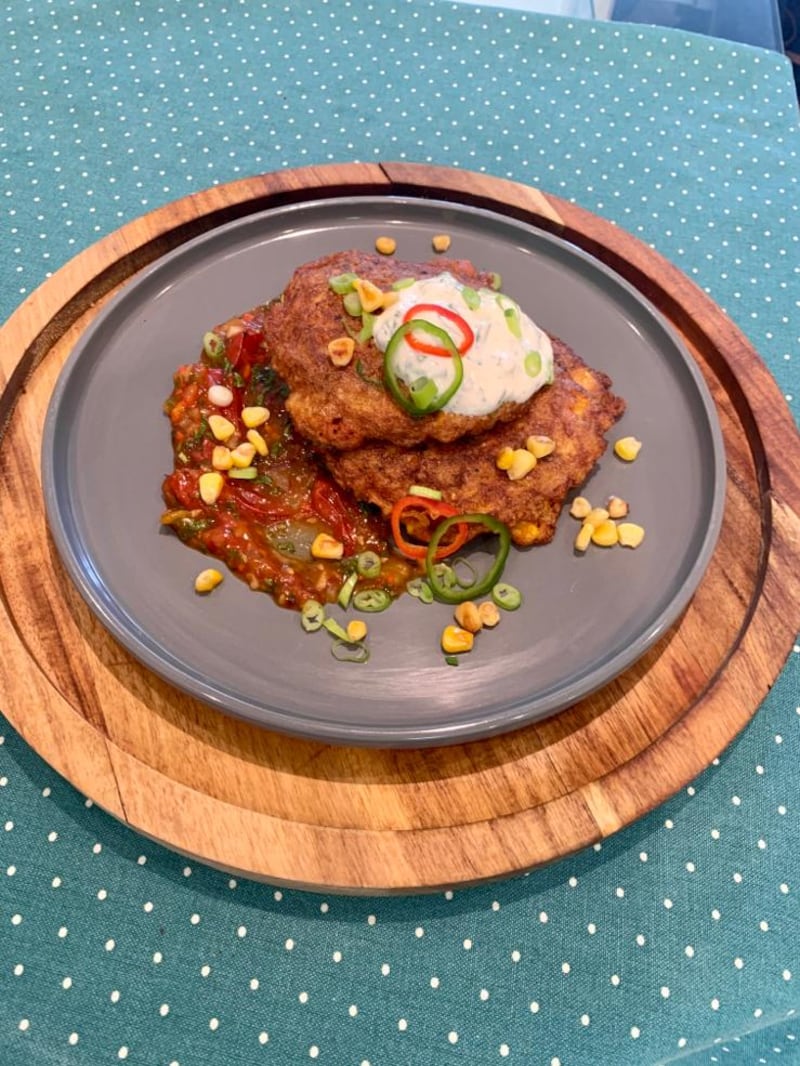 Ali Honour's sweetcorn fritters with quick tomato and coriander chutney