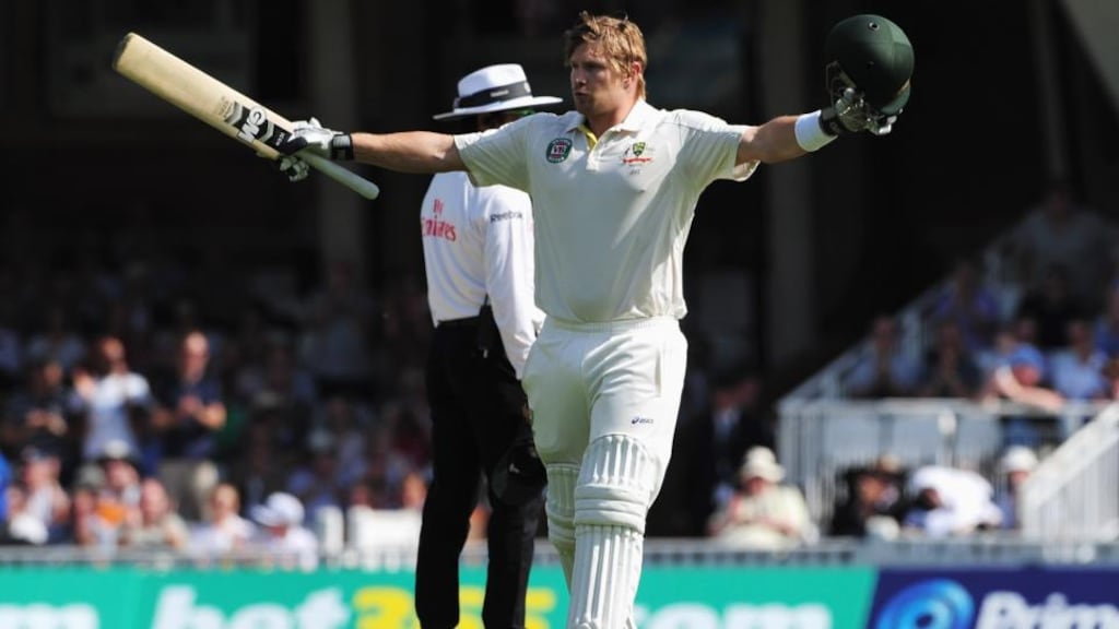Australia’s Shane Watson celebrates his century during day one of the fifth Ashes Test at The Oval. Photograph: Shaun Botterill/Getty Images