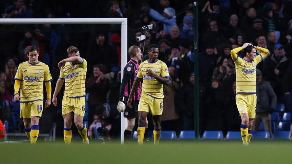 Sheffield Wednesday’s players reacts after Manchester City scored their second goal at the Etihad Stadium. Photograph: Phil Noble / Reuters