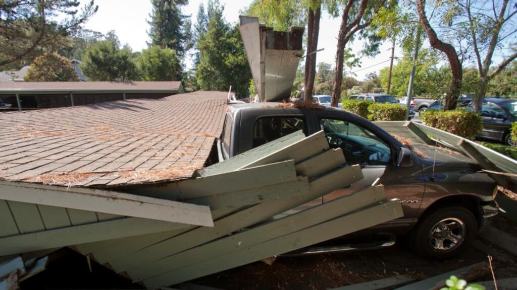A truck damaged under a collapsed carport after a 6.1 magnitude earthquake hit the San Francisco Bay Area, in Napa, California, USA, yesterday. Photograph: Peter DaSilva/EPA