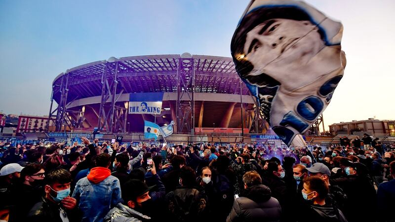 Napoli fans gather outside the San Paolo stadium to pay tribute to Diego Armando Maradona. Photograph: EPA