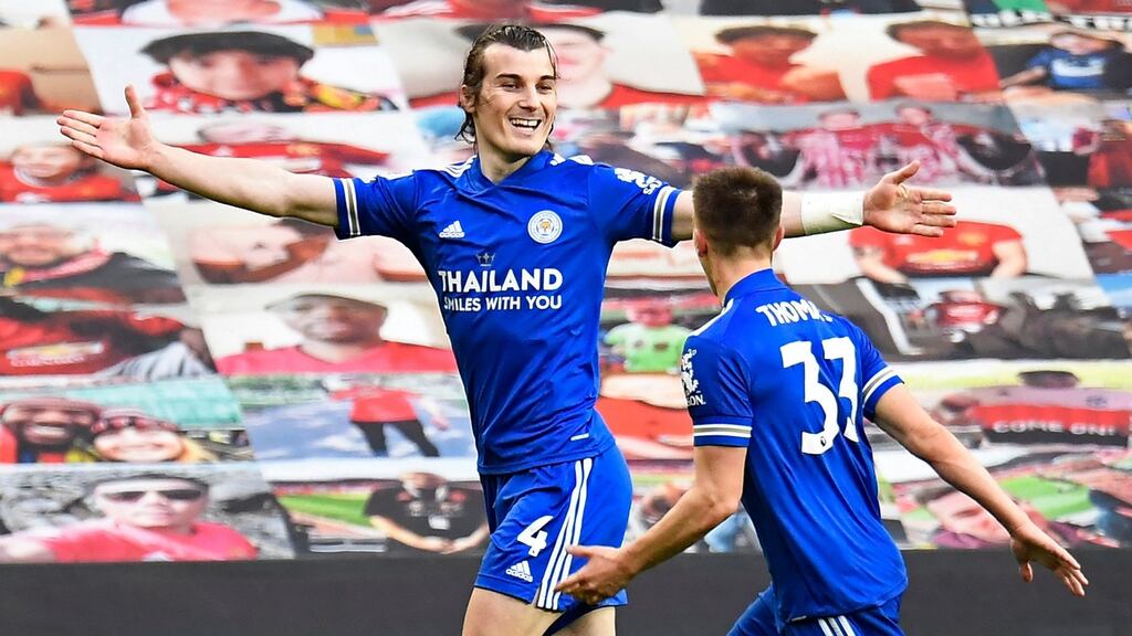 Leicester City’s Caglar Soyuncu celebrates with Luke Thomas after scoring their second goal during the Premier League match at Old Trafford. Photograph: Peter Powell/AFP via Getty Images