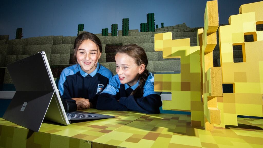 Anna Dowdall and Amy Byrne from fifth class in Glenasmole national school participating in a special Minecraft session at DCU St Patrick’s campus. Photograph: Naoise Culhane