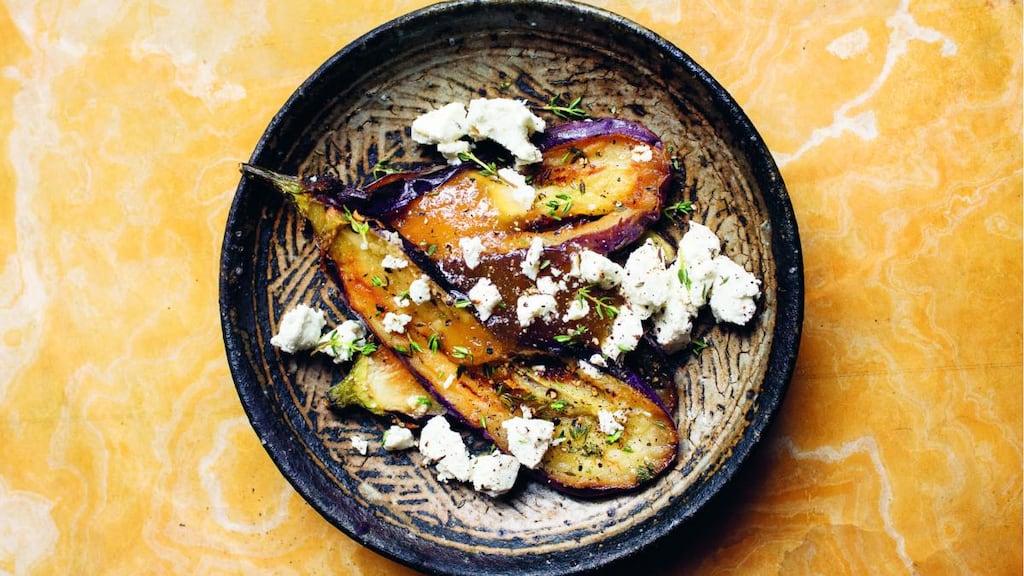 Nigel Slater’s aubergine, honey, sheep’s cheese. Photograph: Jonathan Lovekin/HarperCollins