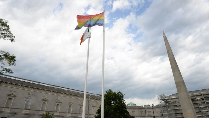 A rainbow flag is flying at Leinster House for the first time ahead of today’s Pride march. Photograph: Alan Betson/The Irish Times.