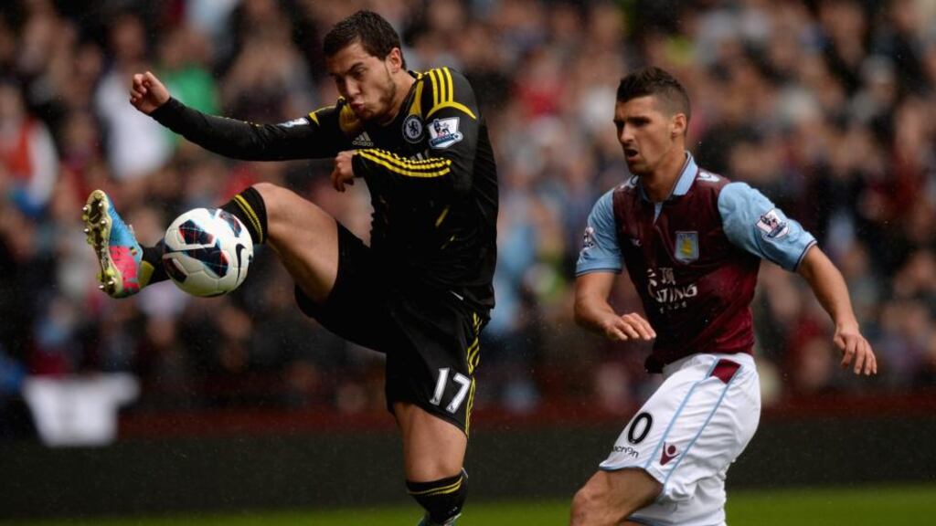 Eden Hazard of Chelsea (left) will miss the Europa League final against Benfica in Amsterdam. Photograph: Gareth Copley/Getty Images
