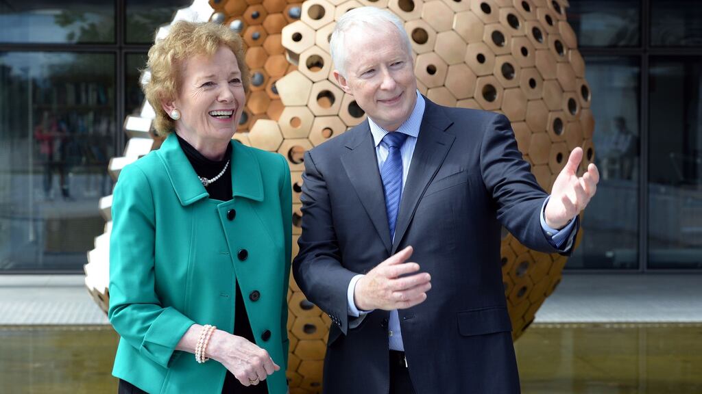 Éamonn Meehan, executive director of Trócaire, and former president Mary Robinson at a climate change conference in Maynooth University in 2015. Photograph: Eric Luke