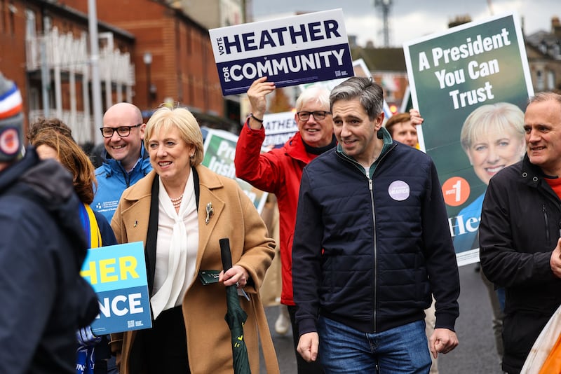 Presidential candidate Heather Humphreys and Tánaiste Simon Harris outside Croke Park on Saturday before the United Rugby Championship match between Leinster and Munster. Photograph: Ben Brady/Inpho