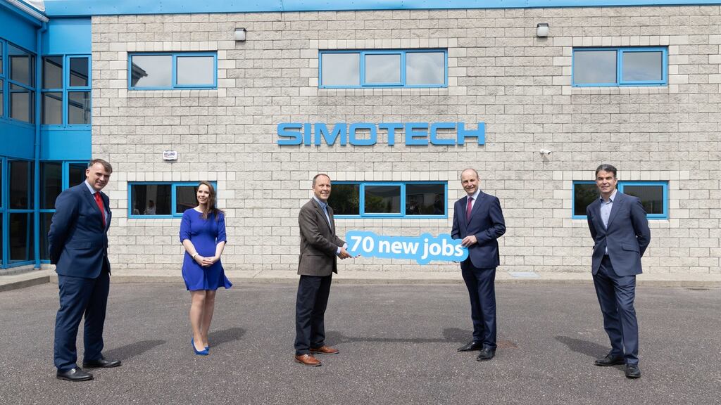 Taoiseach Micheál Martin at SimoTech’s Carrigaline HQ with (from left) Martin Corkery, regional director at Enterprise Ireland; Aishlyn Kerr, talent acquisition lead at SimoTech; Pat Desmond, SimoTech chief executive and Brian Clune, also of SimoTech.