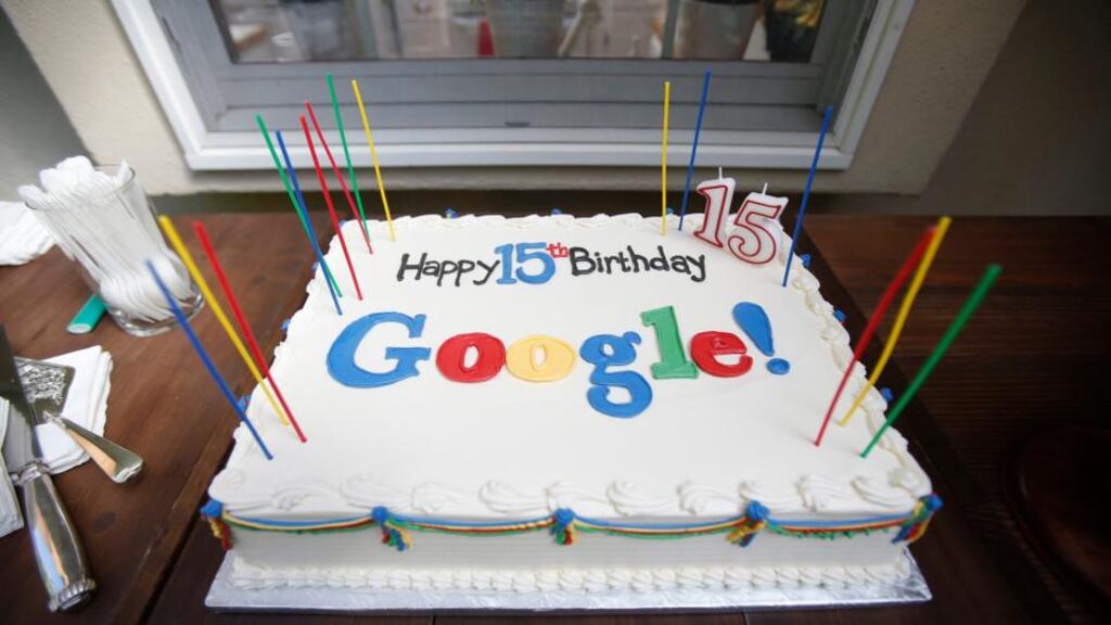 A Google-themed birthday cake at the house where Google was founded on the company’s 15th anniversary in Menlo Park, California. Photograph: Stephen Lam/Reuters