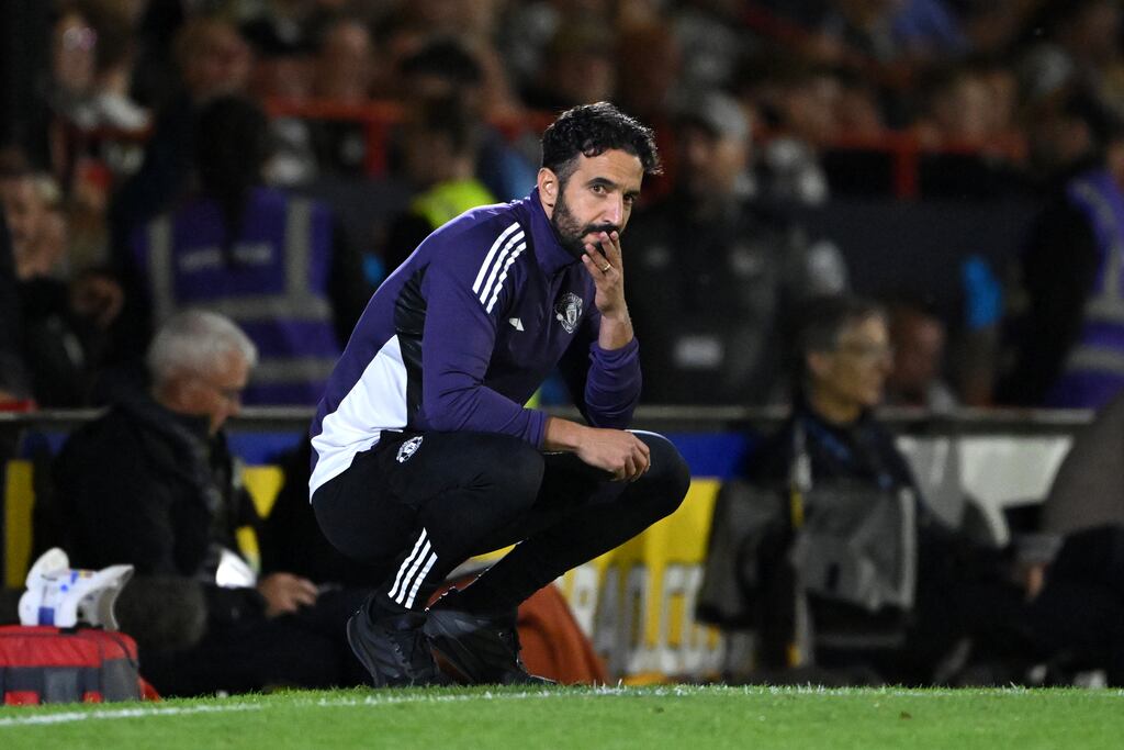 Manchester United's Ruben Amorim looks dejected on the sideline during his side's loss to Grimsby in the Carabao Cup. Photograph: Shaun Botterill/Getty Images