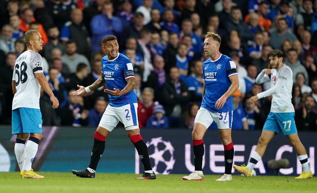 Rangers' James Tavernier (second left) shows his frustration during the home Champions League 3-0 defeat to Napoli at Ibrox Stadium. Photograph: Andrew Milligan/PA Wire/PA Images