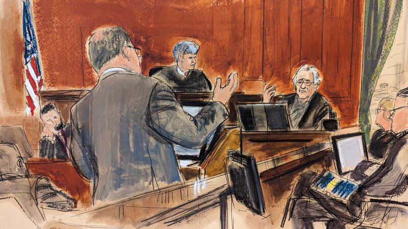 Robert De Niro, seated background right, is questioned by his lawyer Laurent Drogin, foreground, with Judge Lewis J Liman presiding, background centre, in Manhattan federal court in New York in courtroom sketch