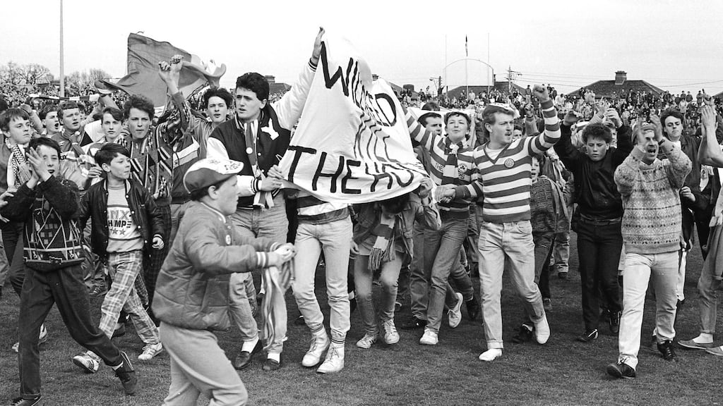 Shamrock Rovers supporters demonstrate at half-time during their last match at Milltown in April, 1987. Photograph: Eddie Kelly