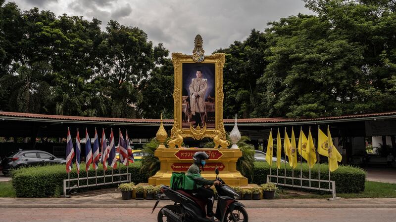 A portrait of King Maha Vajiralongkorn, ubiquitous in Thailand, outside the Thammasat University Hospital in Bangkok. Photograph: Adam Dean