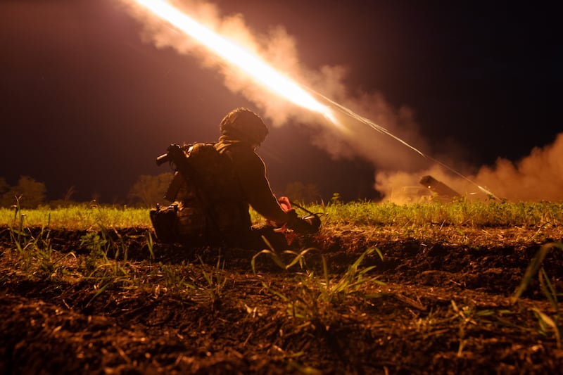 Soldiers with Ukraine’s 80th Air Assault Brigade fire rockets towards Russian positions in Bakhmut, in the Dontesk region of eastern Ukraine. Photograph: Tyler Hicks/The New York Times