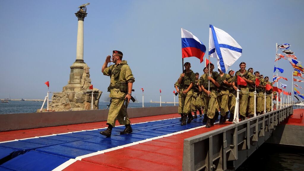 Russian marines parade during the Navy Day celebrations in Sevastopol, Crimea on July 31st, 2016. Photograph: Pavel Rebrov/Reuters