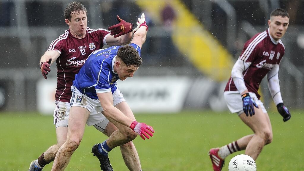 Cavan’s Ciaran Brady with Gary Sice and Eamon Brannigan of Galway during their Allianz League clash. Photo: Tommy Grealy/Inpho