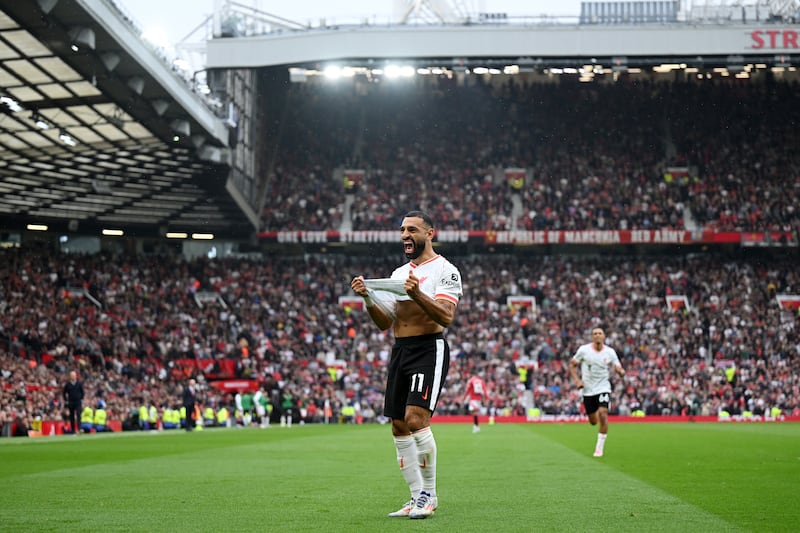 Mohamed Salah celebrates scoring Liverpool third goal during the Premier League match against Manchester United at Old Trafford. Photograph: Michael Regan/Getty Images