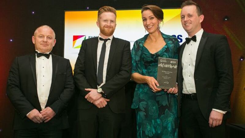 Roger Brennan, Managing Director, Aramark presents the FM Team of the Year – In House award to Ger Hanratty, Míde Ní Shúilleabháin and Brian Conlon, Croke Park Facilities Management