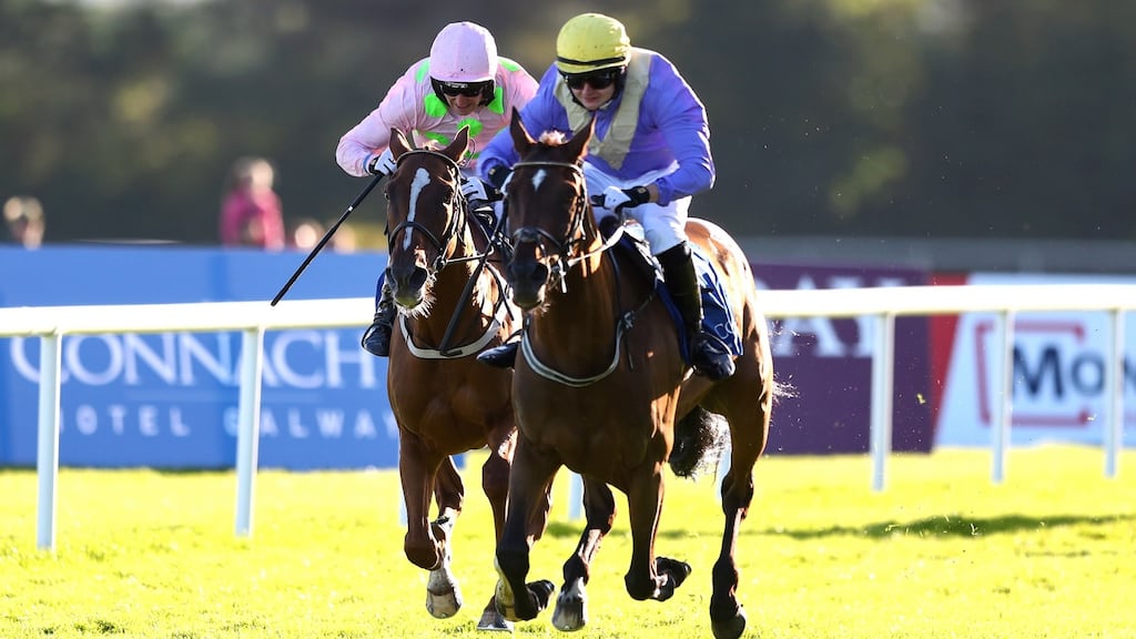Aubrey McMahon onboard Uradel comes home to win the Connacht Hotel (Q.R.) Handicap at Ballybrit on Monday. Paul Townend will be up in Saturday’s feature. Photograph: James Crombie/Inpho