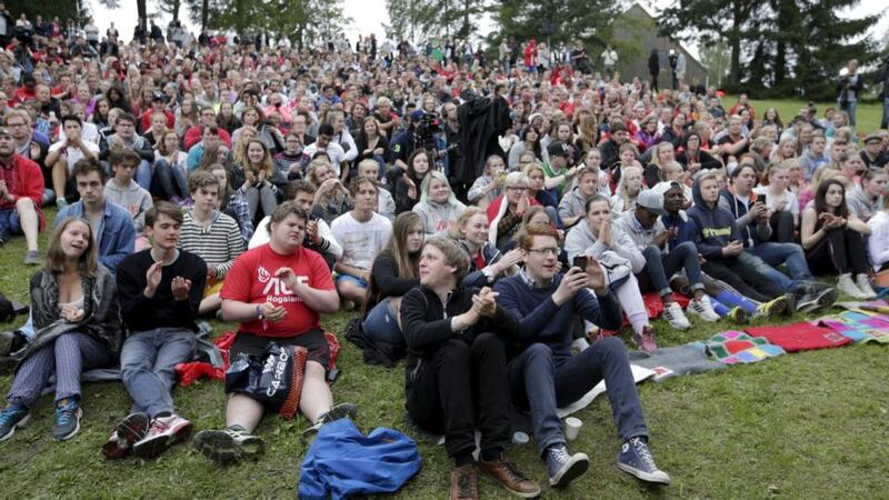 Youths gather at the opening of Utoya Island, Norway, on August 7th, 2015, four years after Anders Behring Breivik went on a shooting rampage that killed 69 people. Photograph: Vidar Ruud/NTB Scanpix/Reuters