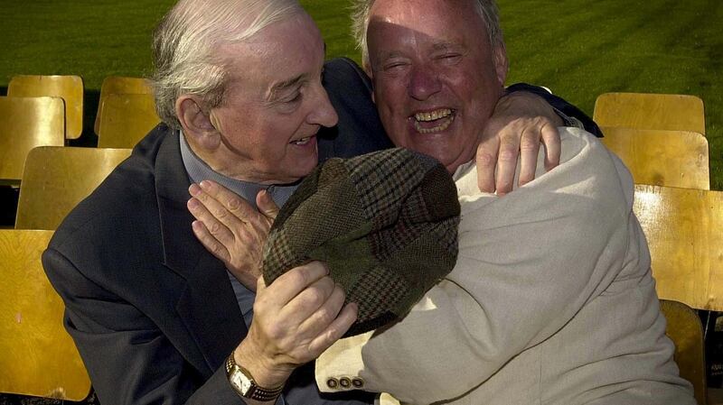 John B Keane and Brendan Kennelly at the opening night of the inaugural Brendan Kennelly Summer Festival in Ballylongford Co Kerry. Photograph: David Sleator