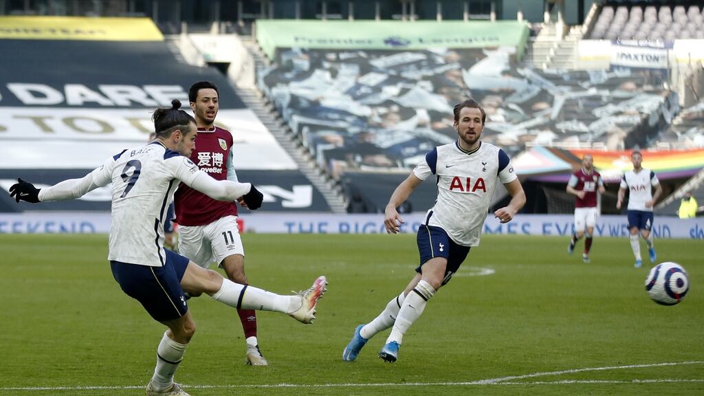 Gareth Bale scores Tottenham’s fourth against Burnley. Photograph: Matthew Childs/EPA
