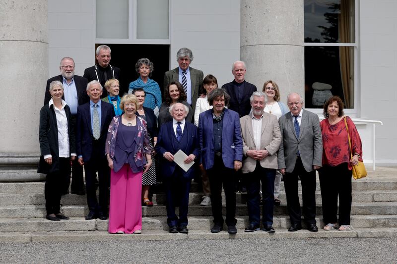 President Michael D Higgins with members of the Tundish Society at a ceremony at Áras an Uachtaráin. Photograph:  Maxwell's