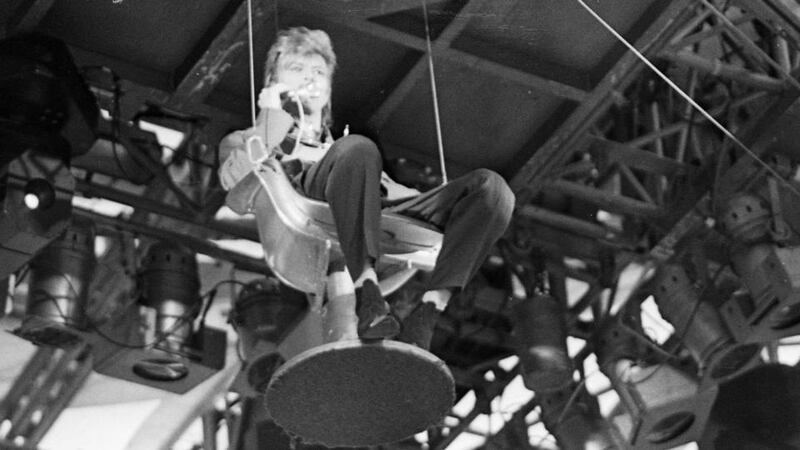 David Bowie at Slane Castle on July 13th, 1987 being lowered down onto the stage. Photograph: Dermot O’Shea / The Irish Times