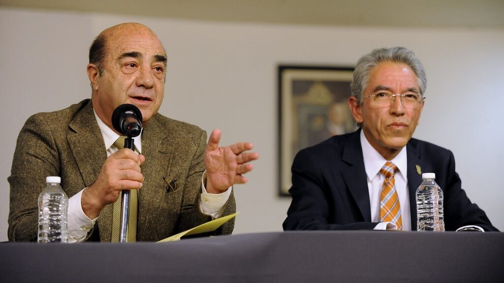Mexican attorney general, Jesus Murillo (l) and governor of the state of Michoacan Salvador Jara during a press conference in Mexico City, Mexico yesterday. The Mexican Army and the Federal Police on 15 July rescued more than 500 children who were in an orphanage in the state of Michoacan. Photograph: STR/EPA