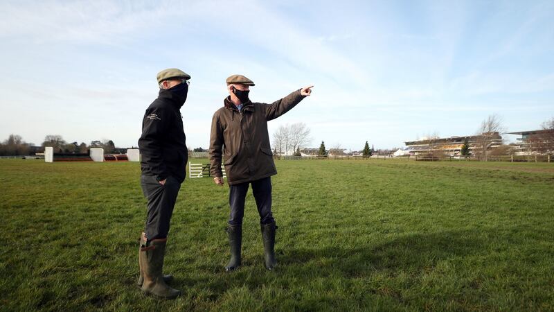 Willie Mullins with Simon Claisse, Clerk of Course, on the gallops at Cheltenham. Photograph: PA
