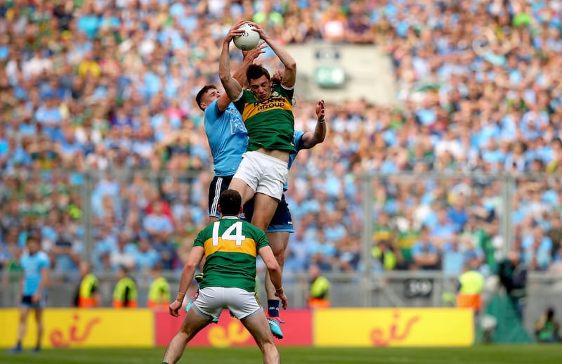 Dublin's Brian Howard challenges David Moran of Kerry during the 2019 All-Ireland final at Croke Park/. Photograph: Ryan Byrne/Inpho
