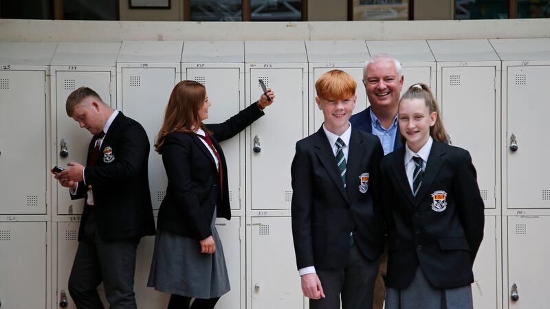 Senior students Meabh Breen and Rob Scully (left) with first years Eanna Sherlock, Kallie Walsh and guidance counsellor Brian Howard at Newbridge College, Kildare. Photograph: Nick Bradshaw