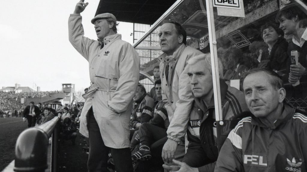 Ireland manager Jack Charlton, assistant Maurice Setters, physio Mick Byrne and Kitman Charlie O’Leary during a match against Spain in 1989. Photo: Billy Stickland/Inpho