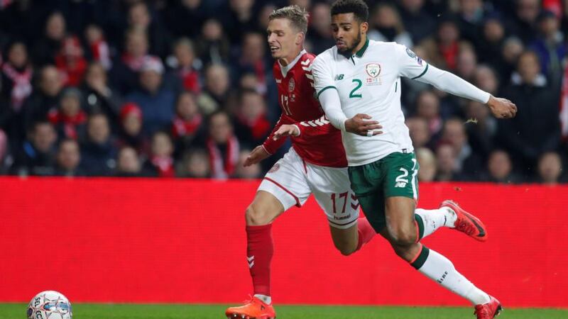 Cyrus Christie engineers Ireland’s best chance of the match in Copenhagen. Photograph: Andrew Couldridge/Reuters